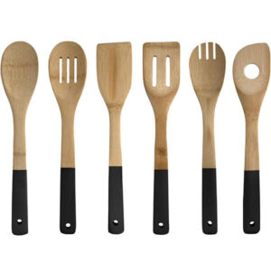 Bamboo Wooden Utensils 6 Piece Set for Cooking Slotted Spoon, Turner, Fork, High Heat for Non Stick Pots and Pans