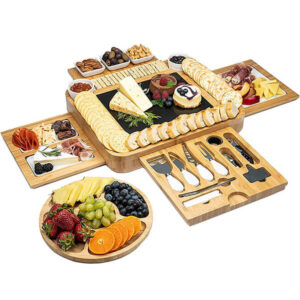 Custom Wholesale Foldable Bamboo Cheese Board Set with Ceramic Bowls & Knives Large Charcuterie Platter