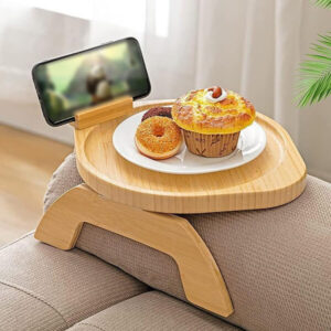Foldable Wooden Sofa Arm Tray with 360° Rotating Phone Holder