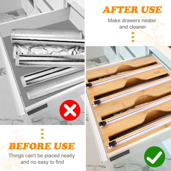 Bamboo Wrap Dispenser with Cutter & Labels – Plastic Wrap, Foil, and Wax Paper Organizer for Kitchen Drawer or Wall Mount, Fits 12" Rolls - Image 2