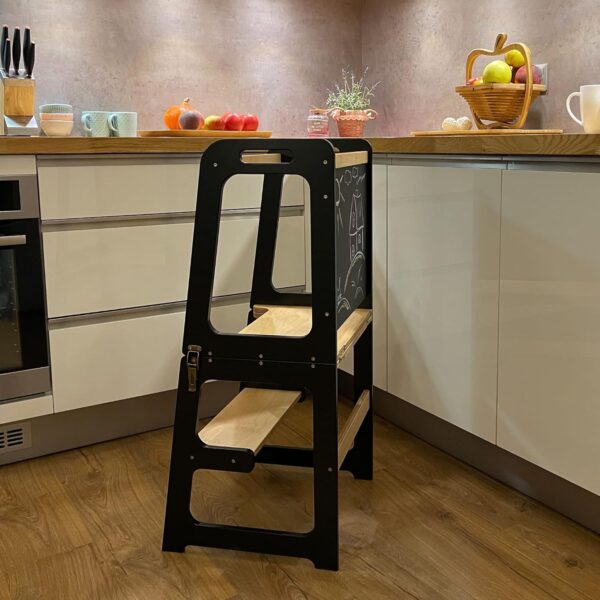 Multifunctional Foldable Toddler Kitchen Step Stool – 4-in-1 Learning Tower with Blackboard, Desk Mode & Safety Guard