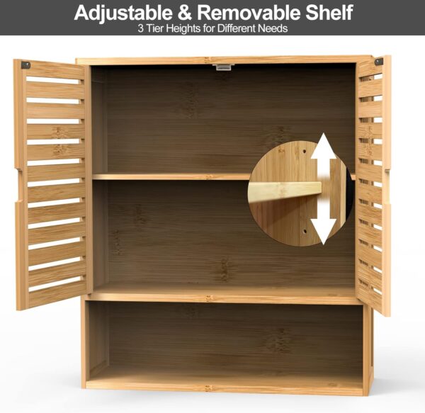 Bamboo Bathroom Wall Cabinet – Wall-Mounted Medicine Storage Organizer with Double Doors & Adjustable 3-Tier Shelves