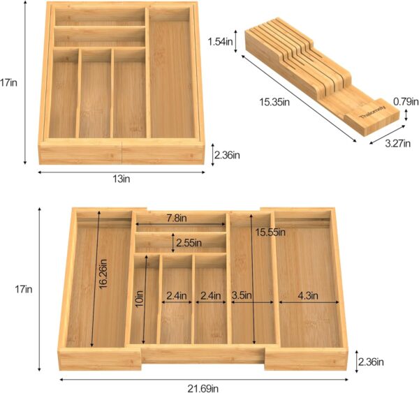 Expandable Bamboo Drawer Organizer w/ Removable Knife Block - Cutlery Storage - Image 5