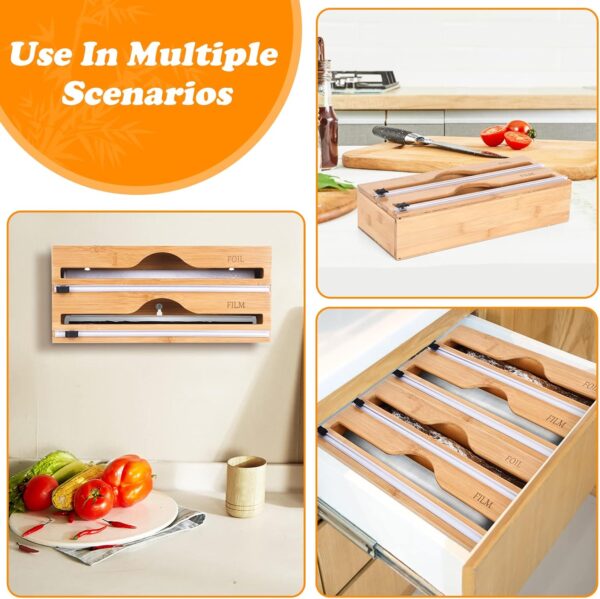 Bamboo Wrap Dispenser with Cutter & Labels – Plastic Wrap, Foil, and Wax Paper Organizer for Kitchen Drawer or Wall Mount, Fits 12" Rolls - Image 3
