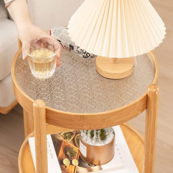 Round Bamboo Coffee Table – Tempered Glass Top Side Table for Sofa or Living Room - Image 4