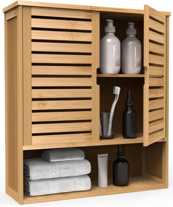 Bamboo Bathroom Wall Cabinet – Wall-Mounted Medicine Storage Organizer with Double Doors & Adjustable 3-Tier Shelves - Image 6
