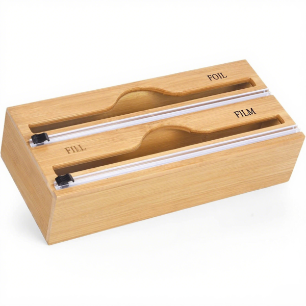 Bamboo Wrap Dispenser with Cutter & Labels – Plastic Wrap, Foil, and Wax Paper Organizer for Kitchen Drawer or Wall Mount, Fits 12" Rolls