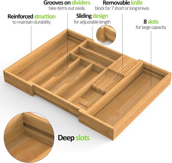 Expandable Bamboo Drawer Organizer w/ Removable Knife Block - Cutlery Storage - Image 4