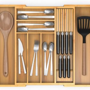 Expandable Bamboo Drawer Organizer w/ Removable Knife Block - Cutlery Storage