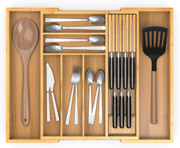 Expandable Bamboo Drawer Organizer w/ Removable Knife Block - Cutlery Storage