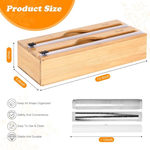 Bamboo Wrap Dispenser with Cutter & Labels – Plastic Wrap, Foil, and Wax Paper Organizer for Kitchen Drawer or Wall Mount, Fits 12" Rolls - Image 4