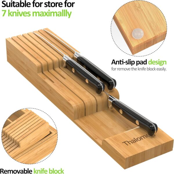 Expandable Bamboo Drawer Organizer w/ Removable Knife Block - Cutlery Storage - Image 6