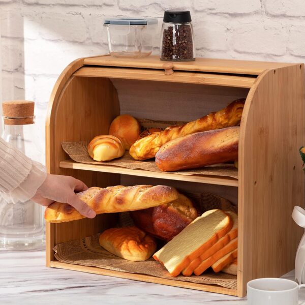Large-Capacity Rolling Shutter Door Bamboo 2-Layer Bread Box For Storing Bread - Image 5
