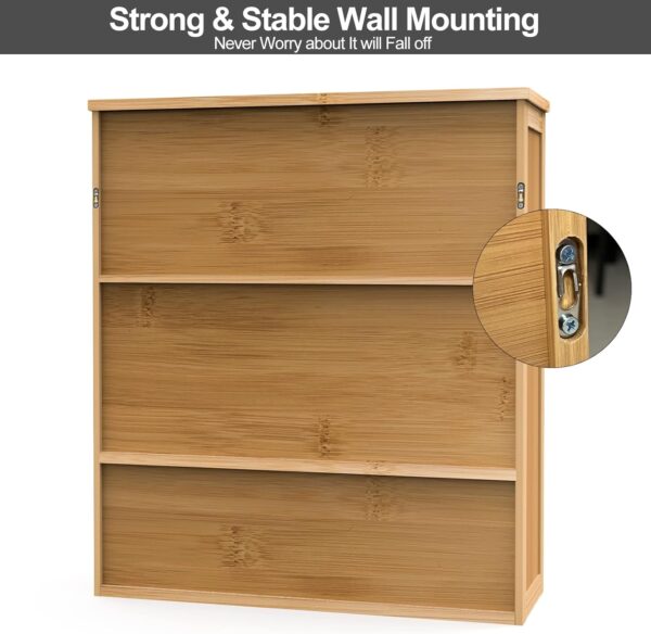Bamboo Bathroom Wall Cabinet – Wall-Mounted Medicine Storage Organizer with Double Doors & Adjustable 3-Tier Shelves - Image 4