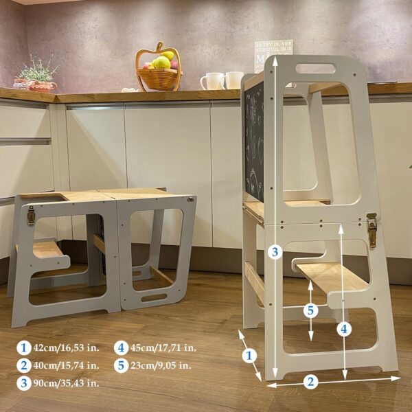 Multifunctional Foldable Toddler Kitchen Step Stool – 4-in-1 Learning Tower with Blackboard, Desk Mode & Safety Guard - Image 6