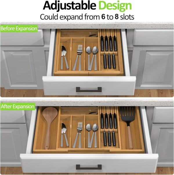 Expandable Bamboo Drawer Organizer w/ Removable Knife Block - Cutlery Storage - Image 2