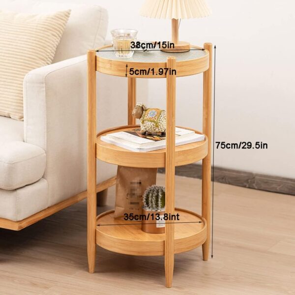 Round Bamboo Coffee Table – Tempered Glass Top Side Table for Sofa or Living Room
