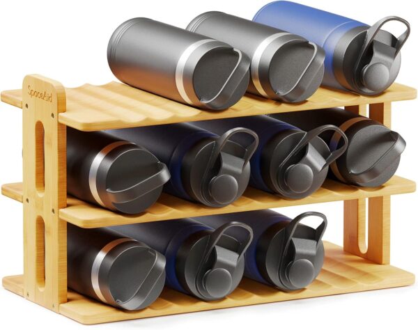 Adjustable Bamboo Bottle Organizer with Labels - Cabinet Storage Rack for Water Cups & Wine - Image 6