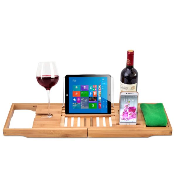 Bamboo Bath Tray Rack – Extendable Bathtub Caddy with Wine Glass Holder, Tablet/Book Stand, Soap Tray & Spa Essentials Organizer - Image 2