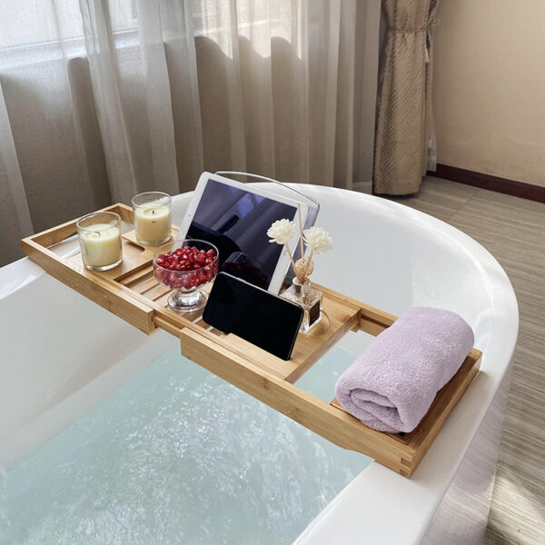 Bamboo Bath Tray Rack – Extendable Bathtub Caddy with Wine Glass Holder, Tablet/Book Stand, Soap Tray & Spa Essentials Organizer