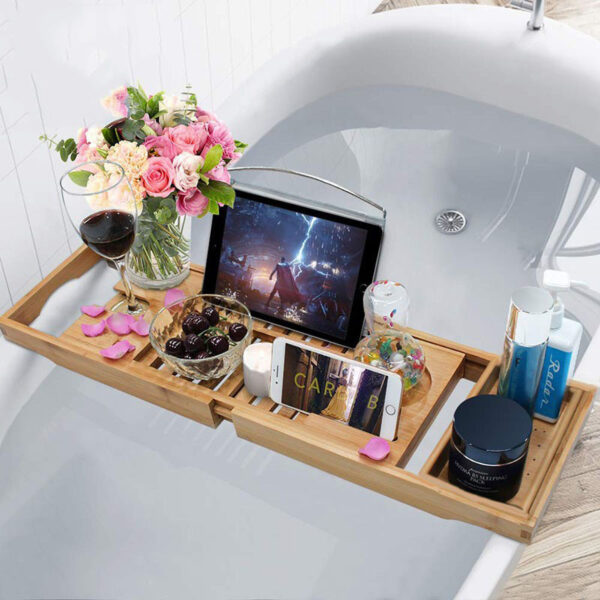 Bamboo Bath Tray Rack – Extendable Bathtub Caddy with Wine Glass Holder, Tablet/Book Stand, Soap Tray & Spa Essentials Organizer - Image 6
