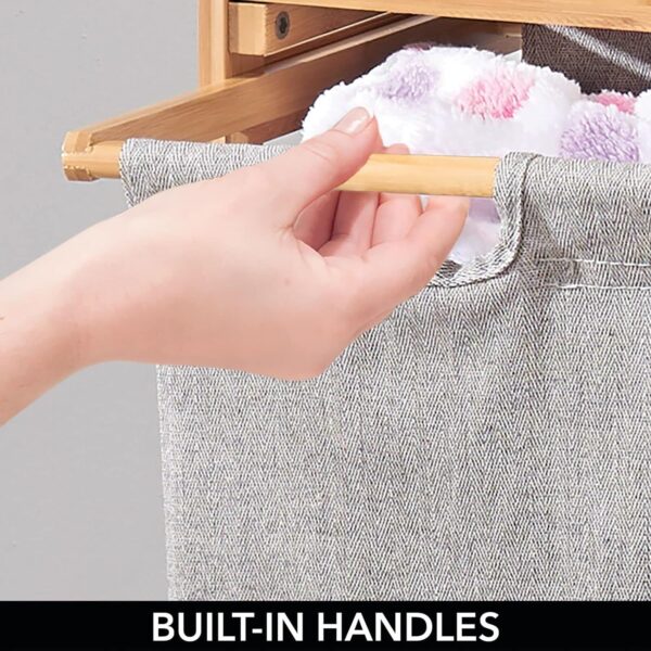 Custom Logo Available Bamboo Double Laundry Hamper with Removable Bags 2-Section Bamboo Laundry Organizer with Shelf - Image 2