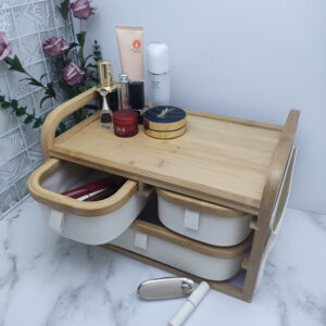 Tier Makeup and Desk Organizer with Drawer and Fabric Accent Multi-Purpose Bamboo Storage Box