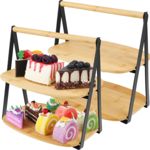 Bamboo 2 Tier Serving Tray with Handle – Rustic Wooden Cupcake and Food Display Stand