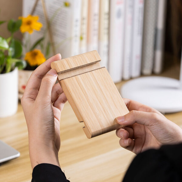 Custom Logo Natural Bamboo Phone Stand – 60° Angled Desk Holder, Non-Slip Slot Design - Image 2