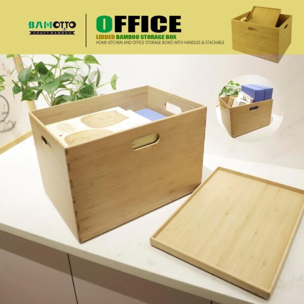 Large Organizer 100% Natural BAMOTTO Lidded Bamboo Storage Bin Stackable Box with Cut-Out Handles - Image 2
