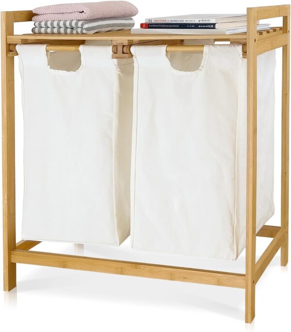 Custom Logo Available Bamboo Double Laundry Hamper with Removable Bags 2-Section Bamboo Laundry Organizer with Shelf - Image 3