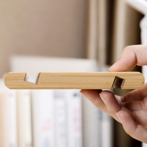 Custom Logo Natural Bamboo Phone Stand – 60° Angled Desk Holder, Non-Slip Slot Design - Image 3