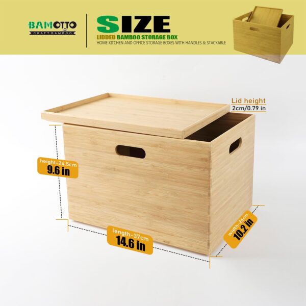 Large Organizer 100% Natural BAMOTTO Lidded Bamboo Storage Bin Stackable Box with Cut-Out Handles - Image 4
