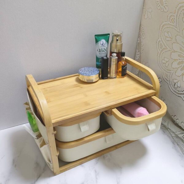 Tier Makeup and Desk Organizer with Drawer and Fabric Accent Multi-Purpose Bamboo Storage Box - Image 5