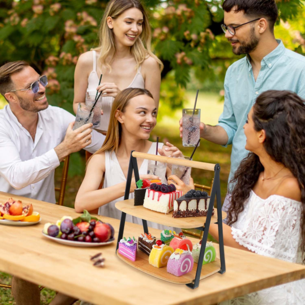 Bamboo 2 Tier Serving Tray with Handle – Rustic Wooden Cupcake and Food Display Stand - Image 3