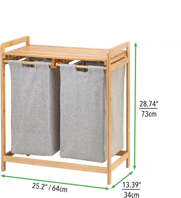 Custom Logo Available Bamboo Double Laundry Hamper with Removable Bags 2-Section Bamboo Laundry Organizer with Shelf - Image 5
