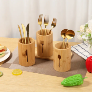 Bamboo Cutlery Holder Organizer Set – 3 Natural Bamboo Cups with Tray for Forks, Spoons and Knives