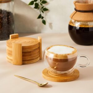 Custom Logo & Packaging Set of 6 Natural Eco Friendly Bamboo Drink Coasters with Holder Coaster Set