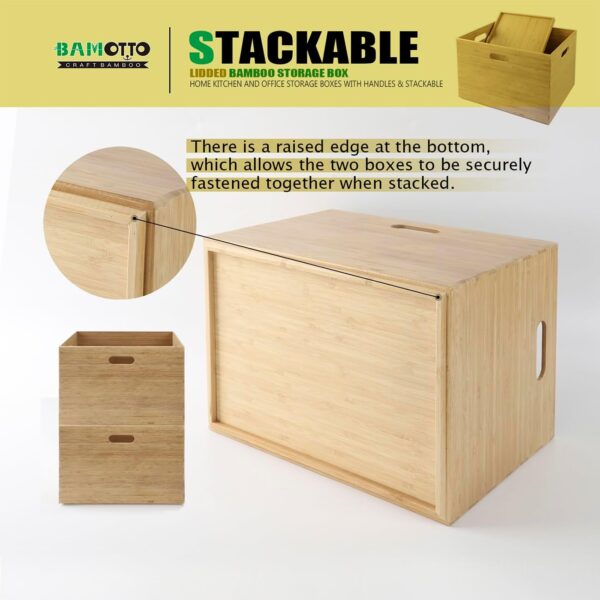 Large Organizer 100% Natural BAMOTTO Lidded Bamboo Storage Bin Stackable Box with Cut-Out Handles - Image 5
