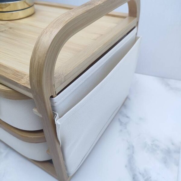 Tier Makeup and Desk Organizer with Drawer and Fabric Accent Multi-Purpose Bamboo Storage Box - Image 6