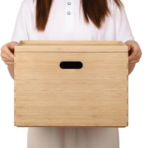 Large Organizer 100% Natural BAMOTTO Lidded Bamboo Storage Bin Stackable Box with Cut-Out Handles