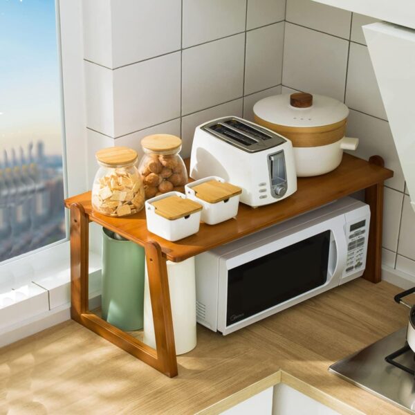 OEM Customizable Natural Bamboo Countertop Microwave Rack 2-Tier Kitchen Storage Shelf - Image 2