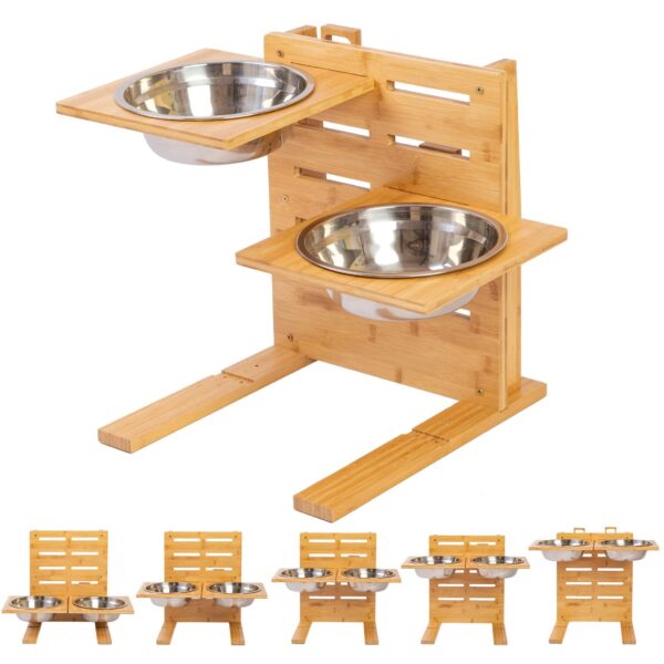 Adjustable Bamboo Dog Feeding Stand with Tilted Stainless Steel Bowls Set - Image 5