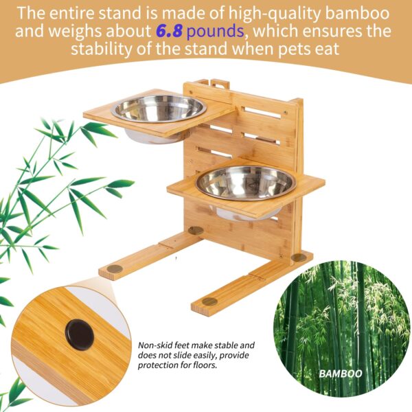 Adjustable Bamboo Dog Feeding Stand with Tilted Stainless Steel Bowls Set - Image 4