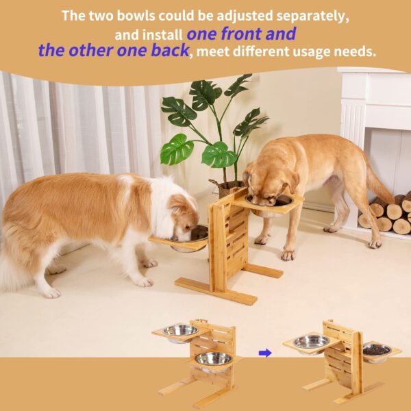 Adjustable Bamboo Dog Feeding Stand with Tilted Stainless Steel Bowls Set - Image 2