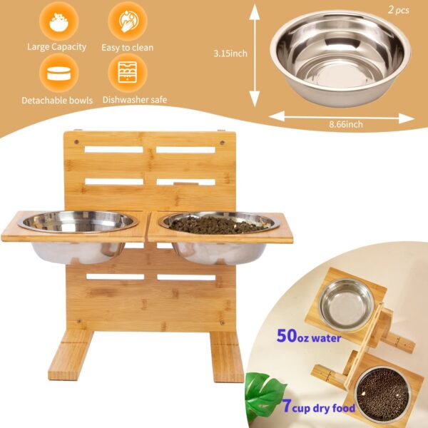 Adjustable Bamboo Dog Feeding Stand with Tilted Stainless Steel Bowls Set - Image 3