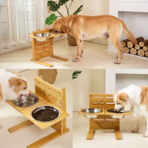 Adjustable Bamboo Dog Feeding Stand with Tilted Stainless Steel Bowls Set