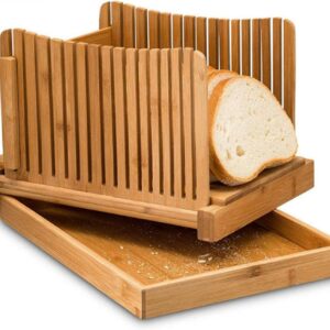 Adjustable Bamboo Bread Slicer - 3 Thickness Settings & Foldable Crumb Tray
