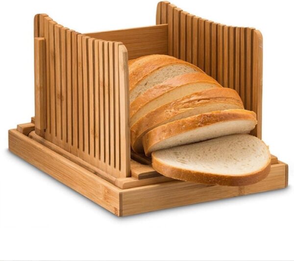 Affettatrice per pane in bambù regolabile - 3 impostazioni di spessore e vassoio raccogli briciole pieghevole - Immagine 3