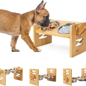 Raised Bamboo Dog Bowl Stand Adjustable Tilted Feeder for Small and Medium Pets